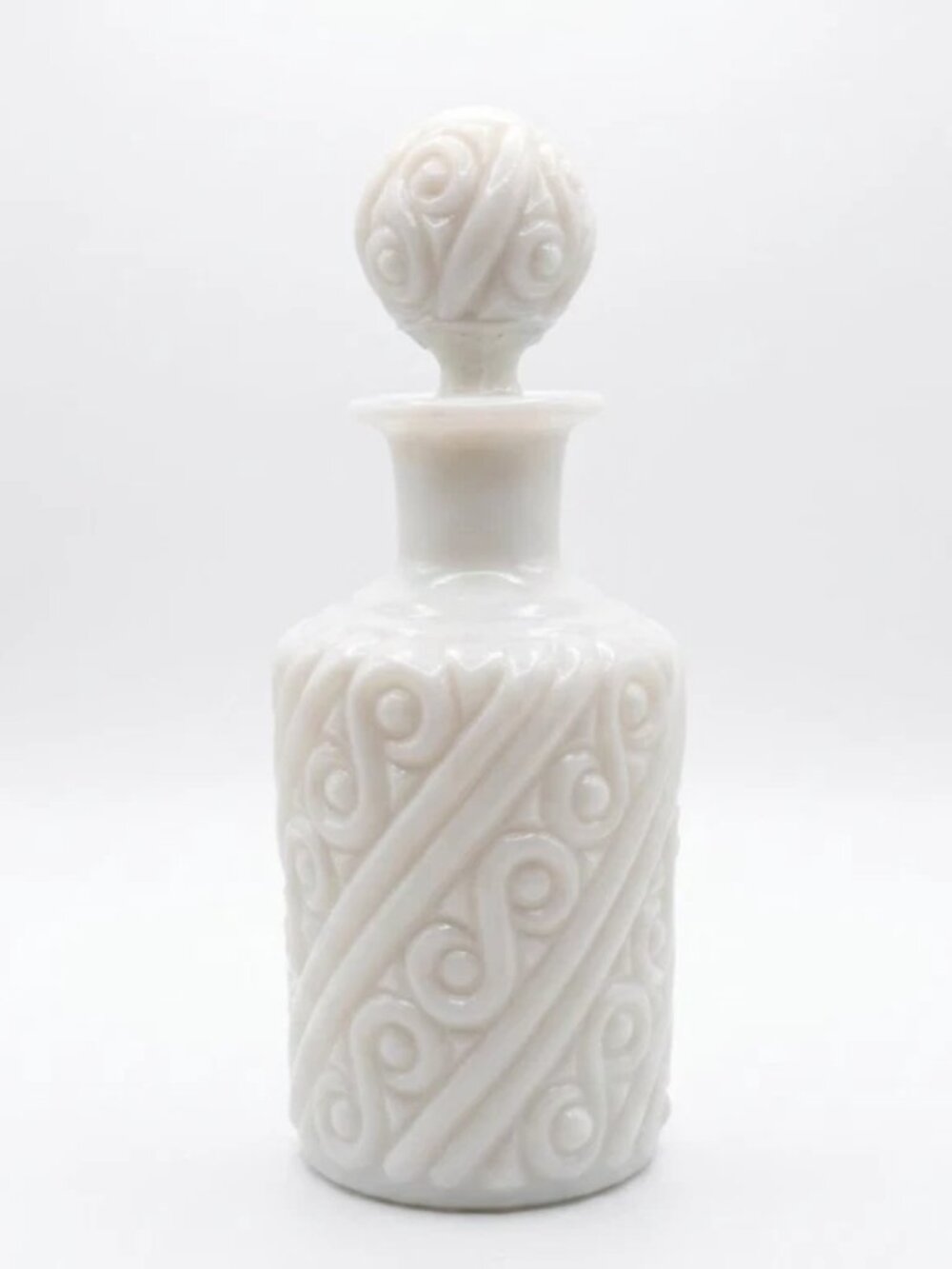 Vintage White Milk Glass Decanter Bottle Stopper Raised Scroll Design 7.25"
